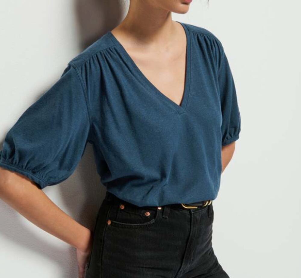 NATION LTD Edie Shirred Shoulder Top Midnight Navy Blue Small
